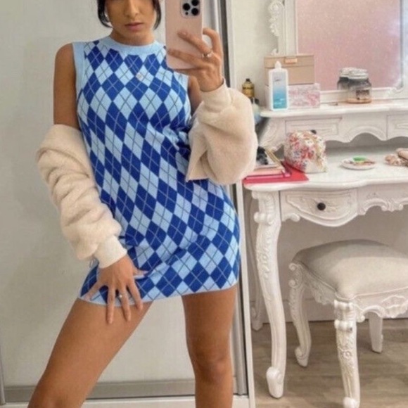 Zara Blue Argyle Diamond Sleeveless Knit Sweater Mini Dress - Blogger Fave - S - Picture 7 of 16